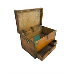 Early 20th century waxed pine travelling trunk or chest, brass bound, rectangular hinged lid, fitted with two small drawers to base