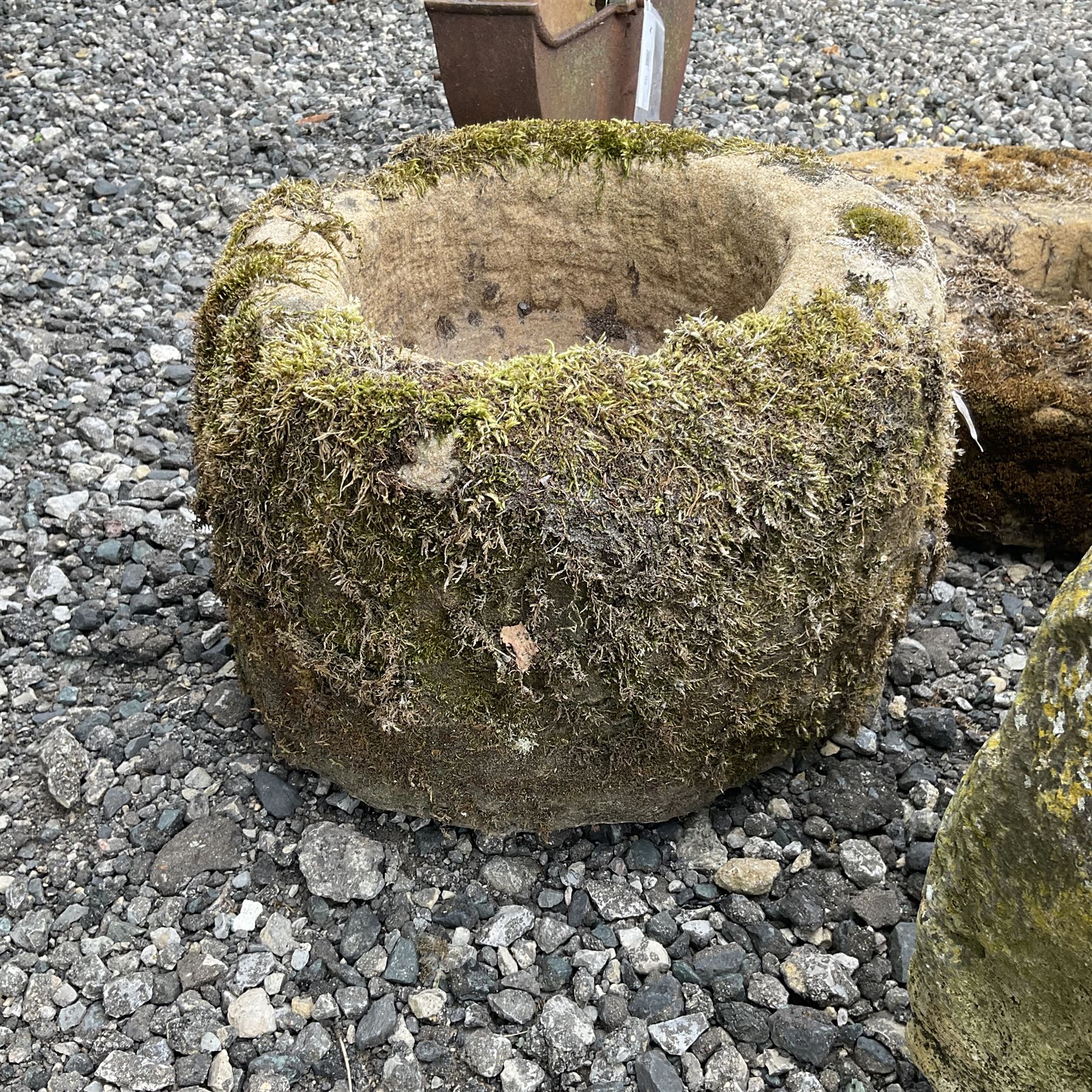 Small circular stone mortar, small stone wheel and a square stone trough - THIS LOT IS TO BE COLLECTED BY APPOINTMENT FROM DUGGLEBY STORAGE, GREAT HILL, EASTFIELD, SCARBOROUGH, YO11 3TX
