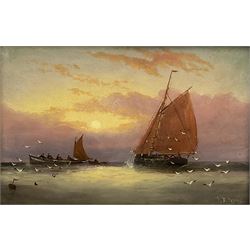 William Daniel Penny (British 1834-1924): Fishing Vessels at Sunset, oil on board signed 14cm x 21cm