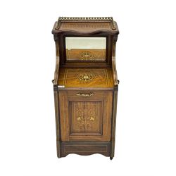Edwardian inlaid rosewood  fall-front coal purdonium serpentine top with raised fretwork gallery, over bevelled mirror-back, the panelled fall-front door inlaid with foliate patterned ivorine and boxwood, on castors