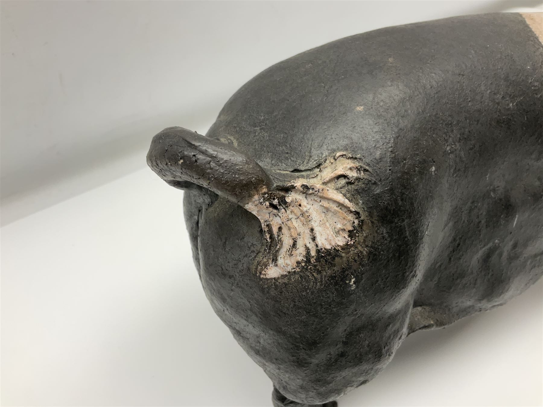 Studio pottery Saddleback pig, with artist signature beneath, H18cm, L39cm