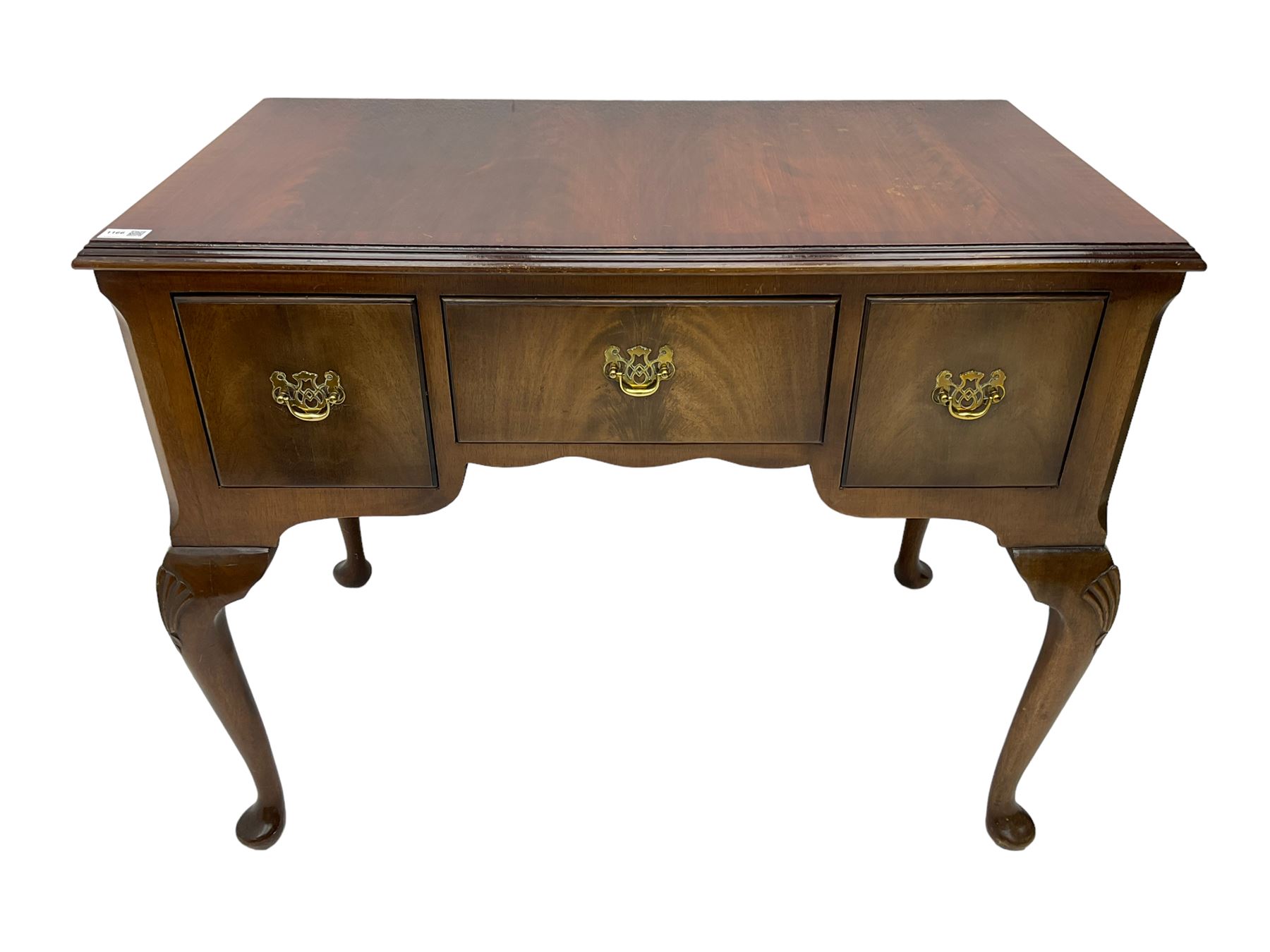 George III design mahogany low boy, rectangular top fitted with three drawers, raised on cabriole supports with shell moulding, with pad feet