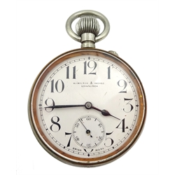 Swiss Goliath nickle cased pocket watch, movement stamped 7032, retailed by Hamilton & Inches, Edinburgh, with crocodile effect leather fitted case also by Hamilton & Inches 