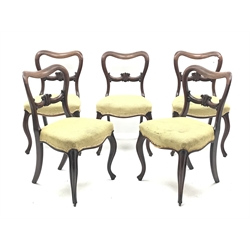  Set six Victorian mahogany dining chairs, shaped cresting rail above carved middle rail, serpentine upholstered seats, on shaped moulded supports with carved terminals, seat width - 48cm  