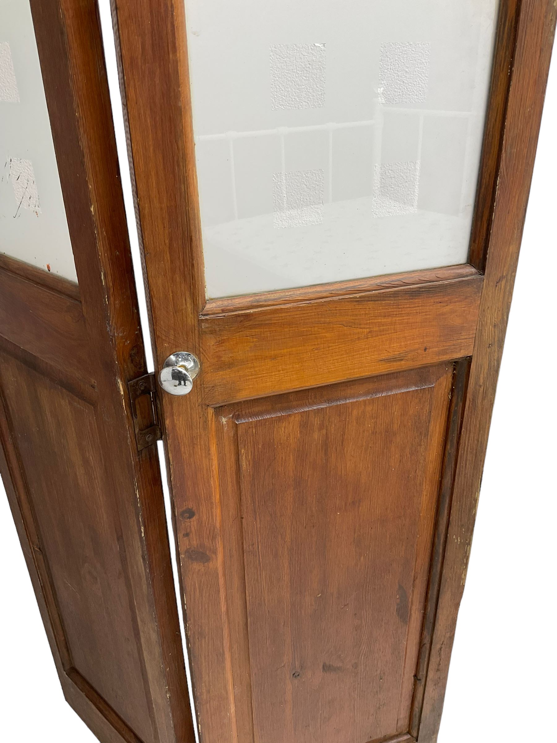 Two double pine room dividers or doors, frosted glass glazed with cube design over panels, in polish finish (74cm x 195cm each double total)