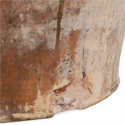Large Spanish terracotta olive jar, of typical baluster form with drip glaze decoration and three lug handles, with impressed mark fabrica de alfareria, H58cm