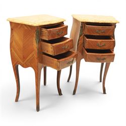 Louis XV style pair of kingwood and marquetry bedside chests, with shaped marbled tops, fitted with three drawers, with gilt metal mounts, raised on cabriole legs