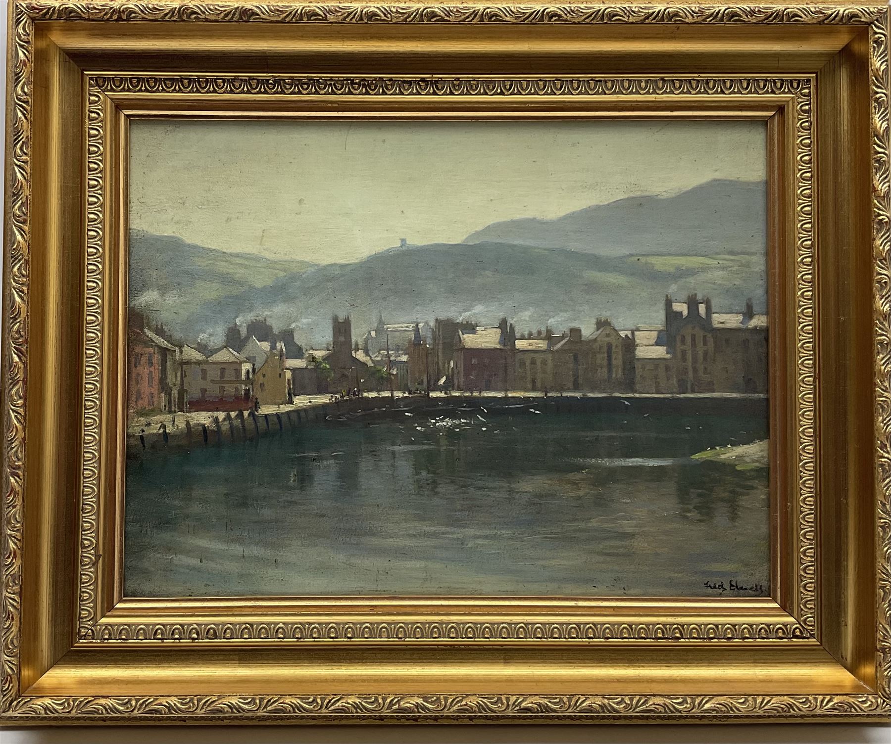 Frederick (Fred) William Elwell RA (British 1870-1958): 'Ramsey Harbour Isle of Man', oil on panel signed, titled verso 28cm x 38cm