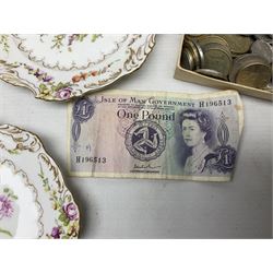 Set of four Dresden dessert plates hand painted with flowers and gilt scrolls, together with silver plate serving dish, a mahogany folding cake stand and a collection of coins