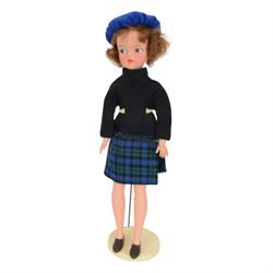 1963/4 Pedigree Sindy doll, with brunette hair, red pursed lips and blue eyes, stamped Made in England to back of head, dressed in Sindy Lunch Date outfit, with a collection of mostly Pedigree Sindy clothes and other accessories