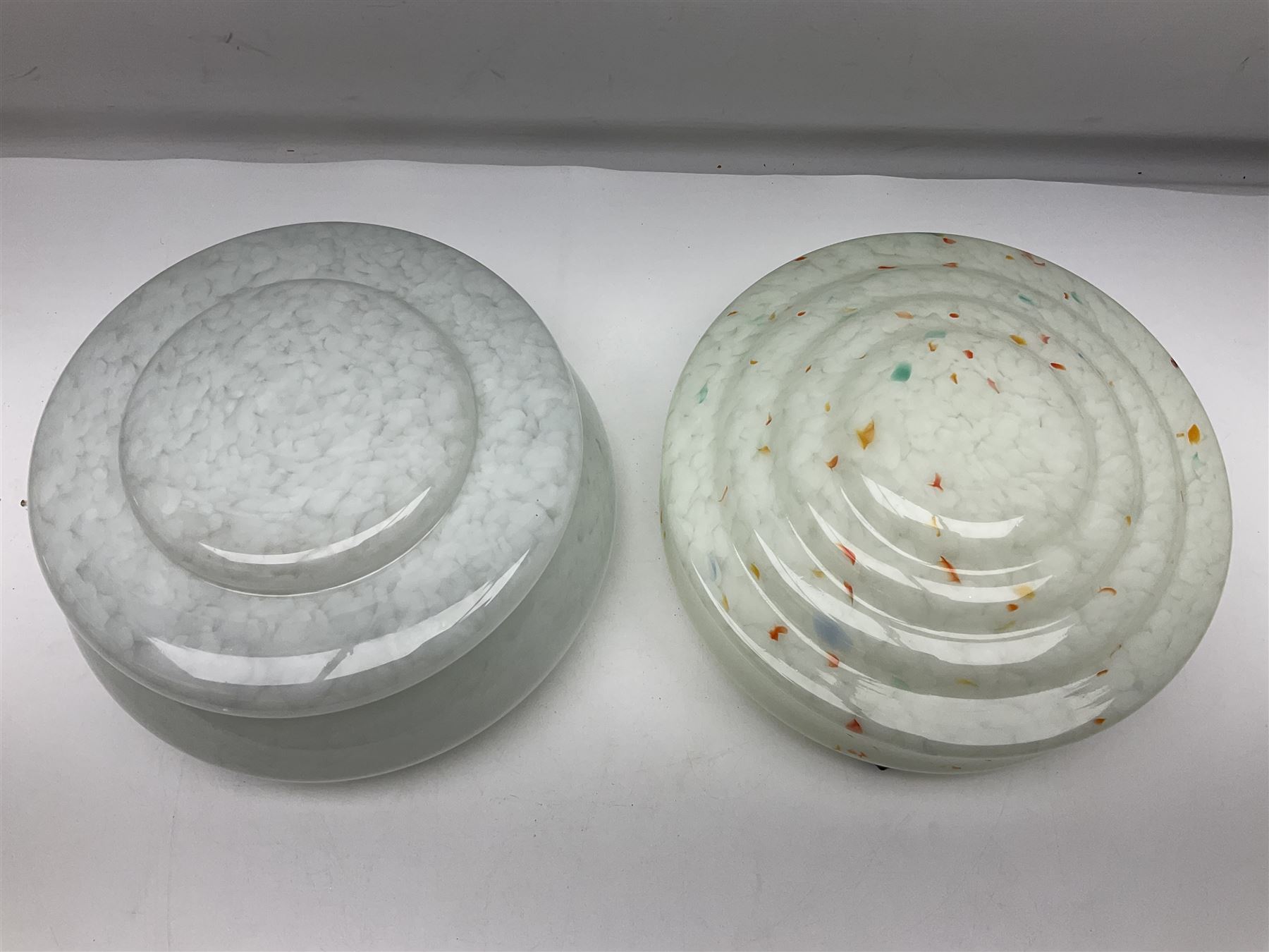 Six Art Deco glass fly catcher light shades, including marbled, mottled and frosted glass examples, largest D31cm