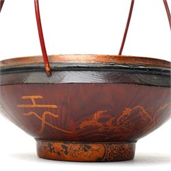 Early 20th century Chinese red lacquered marriage basket, the exterior with character and fruit motifs, H43cm; together with a red painted dowry basket, on shaped circular foot, H19cm x D35cm (2)