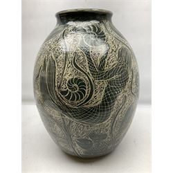 John Egerton (c1945-): studio pottery stoneware vase decorated with fish, mermaids and ammonites, H38cm