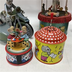Nine tinplate and clockwork models to include battery operated ‘Antique Car’ by Toys Namura of Japan, Jock-O-Panda wind-up Panda riding a donkey c.1960s, Harley-Davidson Side Car and further similar examples to include musical boxes (9) 