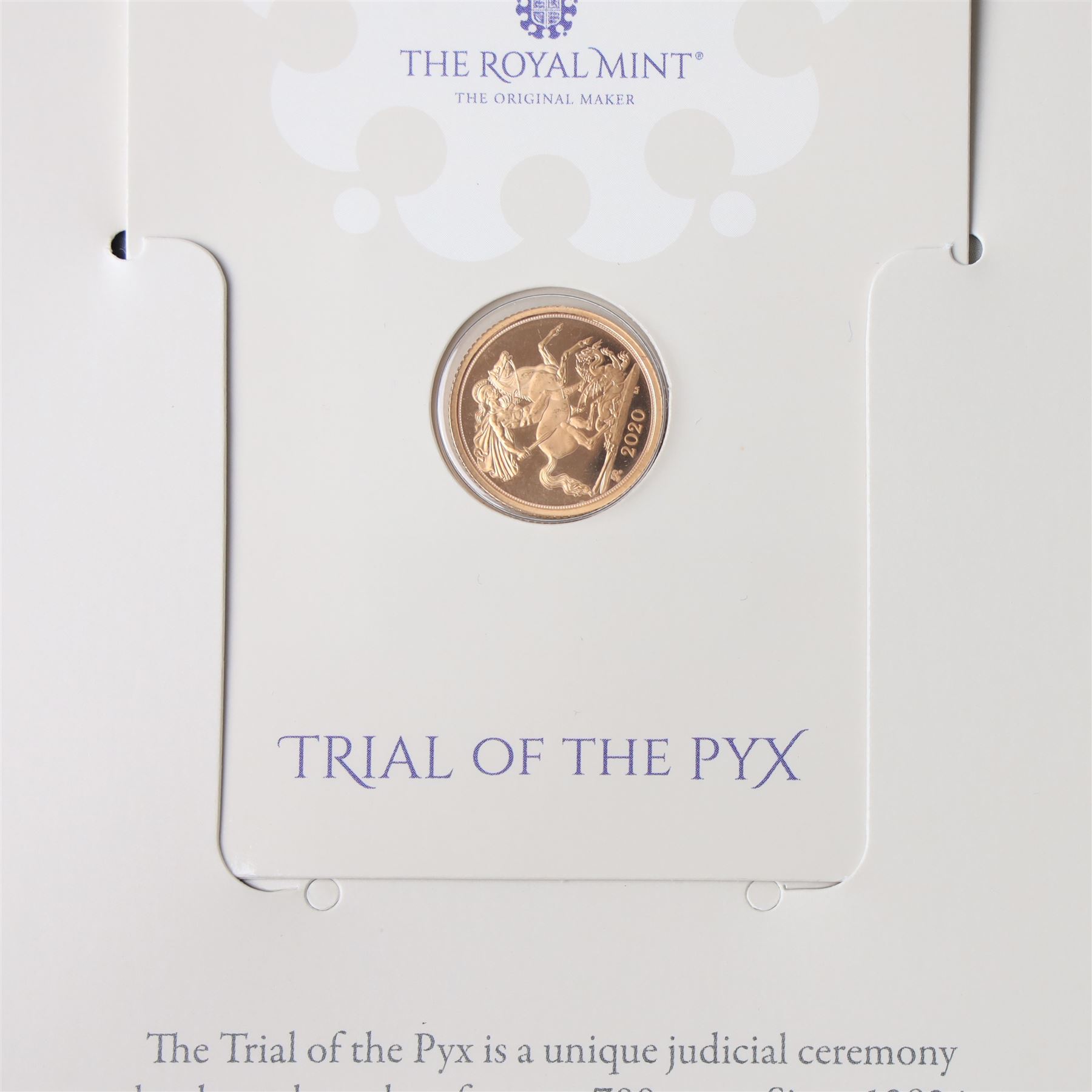 The Royal Mint United Kingdom 2021 'Trial of the Pyx' gold proof half sovereign coin, from the edition of ten, on Royal Mint card, in folder with corresponding brochure and verdict