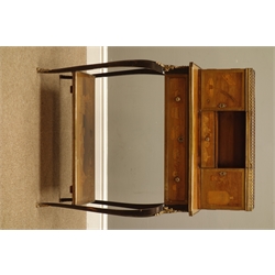  19th century bonheur de jour, pen and marquetry decorated with books, writing implements  utensils, vases etc... ormolu galleried top with two cupboards and drawer, above long drawer, on angular cabriole legs with inlaid undertier, W70cm, H100cm, D41cm  