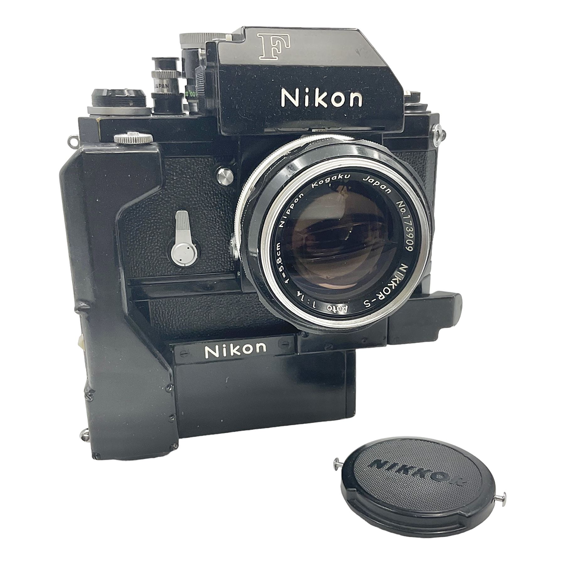 Nikon Photomic TN NKJ camera body, serial no 6728309, circa 1965, with 'Nippon Kogaku NIKKOR-S Auto 1:1.4 f=5.8cm' lens, serial no. 173909, Nikon F36 Motor Drive, serial no.132430 and Nikon cordless battery pack
