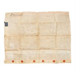 York suburbs interest - extensive collection of 18th century and later vellum indentures, wills, probate documents and property papers charting property ownership and local families in Acomb, Huntington, Earswick, Bishopthorpe, The Mount, Heworth, Heslington and other York suburbs and villages, including documents relating to tradespeople, innkeepers, farmers and householders, many retaining original wax seals, revenue stamps and probate seals, in one box