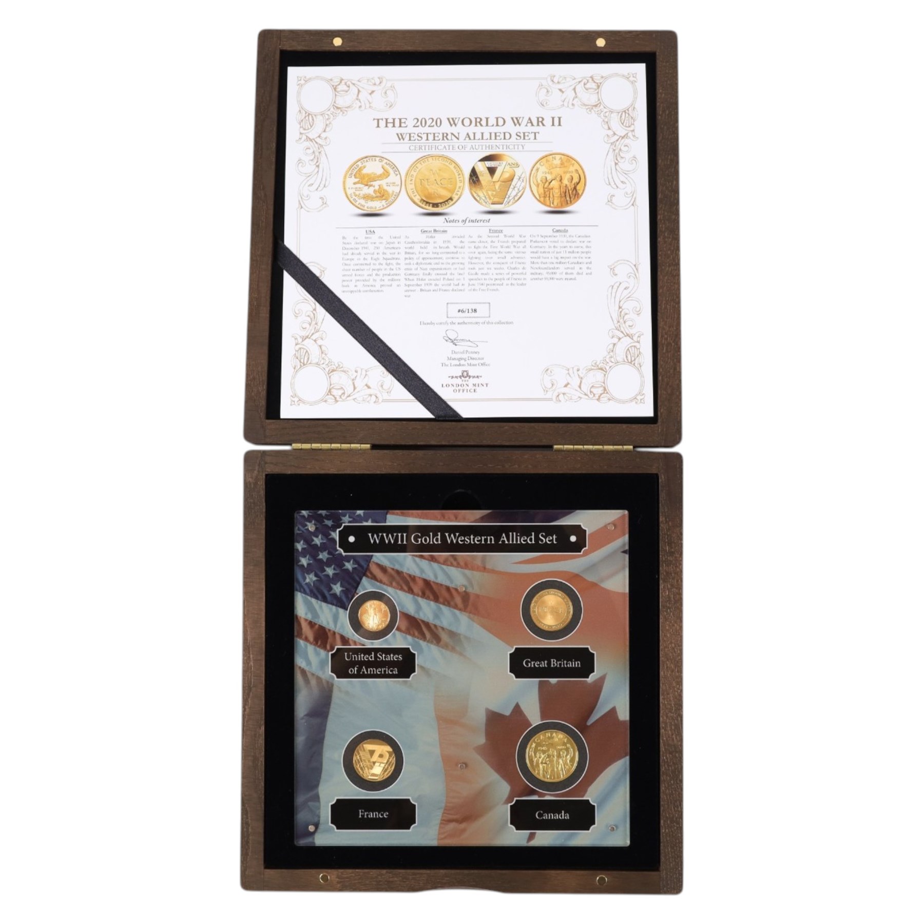 The London Mint Office 'The 2020 World War II Western Allied Set', comprising United States of America one tenth ounce gold five dollar coin, United Kingdom fine gold proof twenty-five pound coin, France fine gold proof fifty euro coin, and Canada 14ct gold proof one hundred dollar coin, cased with certificate