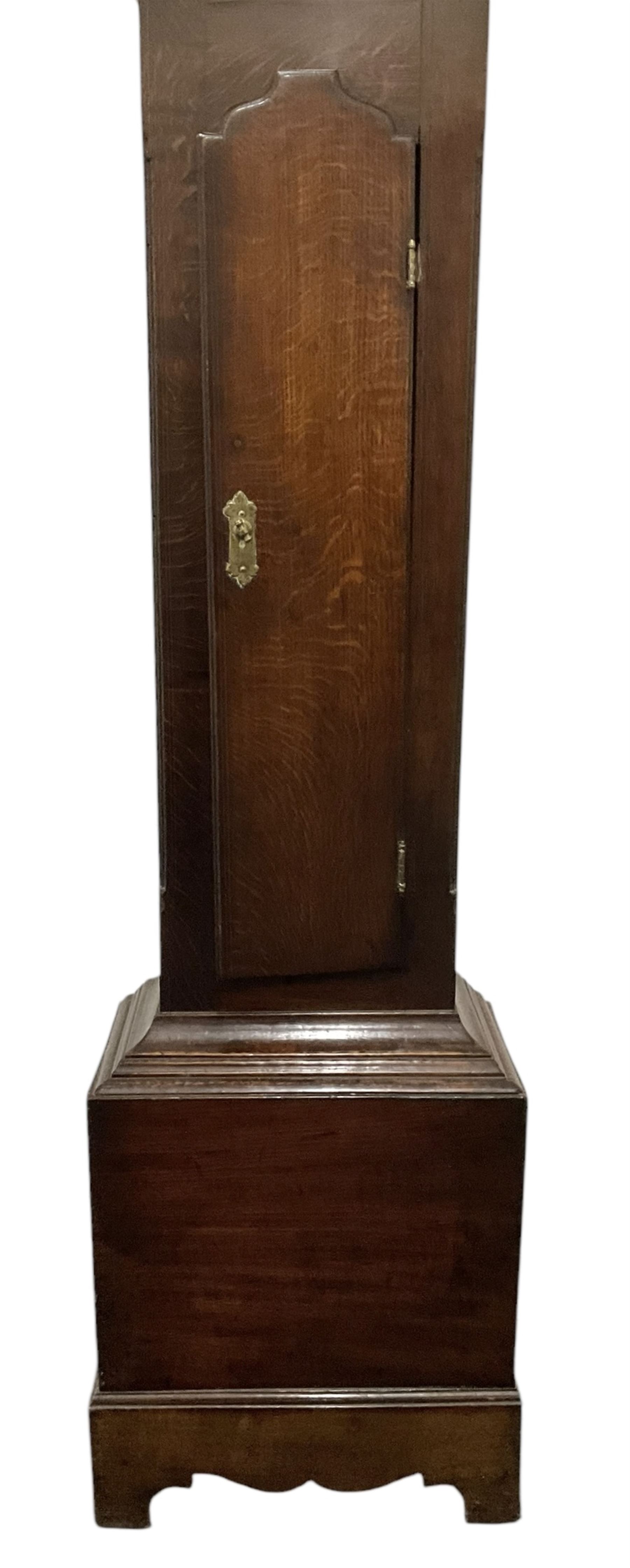 Benjamin Rodgers of Chesterfield- Fine provincial early18th-century 30-hour oak longcase clock       
 c1720, with a stepped caddy top and square hood door beneath, with detached pilasters with wooden capitals, case with reeded corners and a ogee toped long trunk door, with a square pediment and decorative applied skirting, brass dial with restoration spandrels, matted centre, original steel hands and chapter with Roman numerals, quarter hour and minute tracks, dial pinned to a countwheel striking movement, striking the hours on a bell.
 With weight and pendulum.  