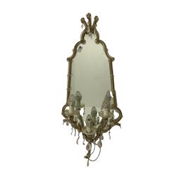 Mid to late 20th century Venetian style glass girandole / mirror, shaped frame and decorated with glass droplets, triple branch electroliers 