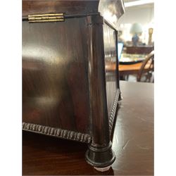 Early 19th century rosewood and brass inlaid tea caddy, of sarcophagus form, the front and hinged opening cover inlaid with brass scrolling panels, opening to reveal a compartmented interior with twin removable boxes with conforming inlaid brass detail to the hinged covers and zinc lining to the interiors, flanking a later glass mixing bowl, the whole upon four turned cylindrical feet, H21cm W36cm D20cm