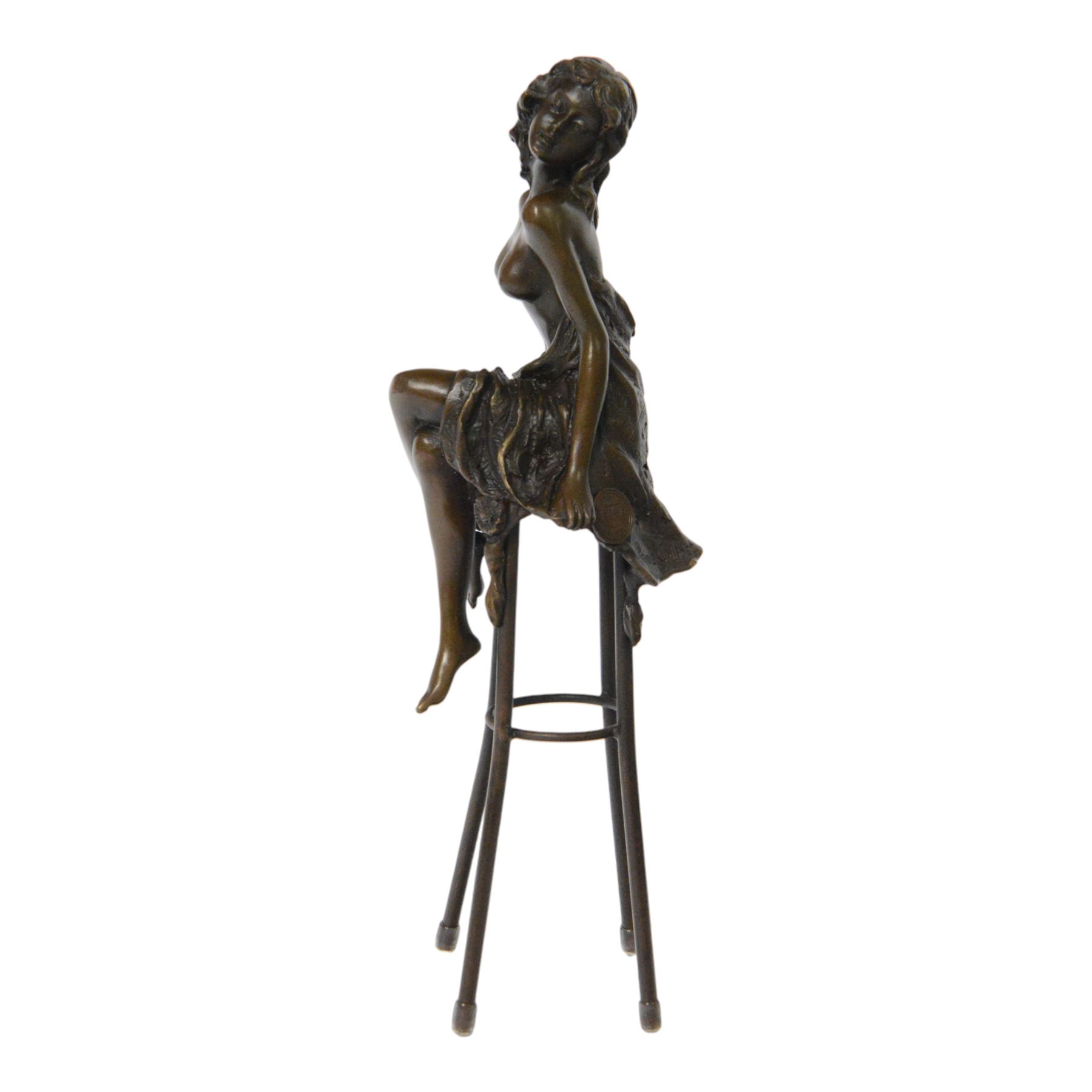 Art Deco style bronze modelled as a semi naked female figure, seated upon a chair, signed  Pierre Collinet, H27cm