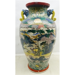  Large 19th century Chinese Famille Verte vase of baluster two handled form, the body with panels of figures and birds on diaper ground, Ming Dynasty Fu seal to base, H64cm   