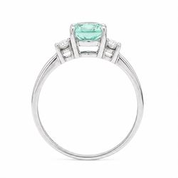 18ct white gold Paraiba tourmaline and diamond three stone ring, single round cut tourmaline of approx 1.50 carat, with a single round brilliant cut diamond set either side, hallmarked, total diamond weight approx 0.15 carat