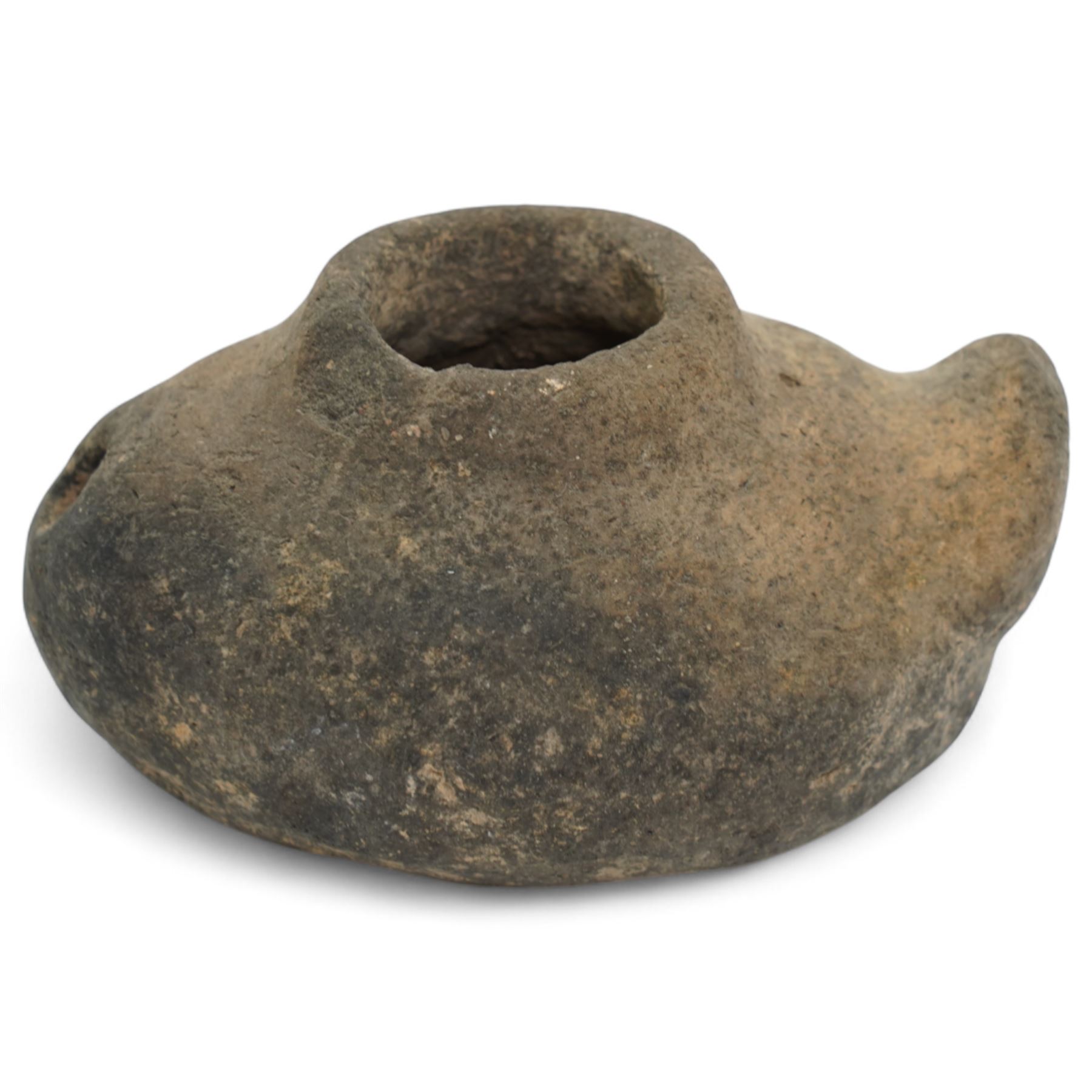 A group of five ancient terracotta oil lamps - Near East and Eastern Mediterranean (c.3rd millennium BC-9th century AD) comprising: Levantine open bowl-type lamp (c.3rd-2nd millennium BC) hand-formed with pinched spout and rounded profile; Near Eastern pinched-spout lamp (c.1200 BC) of coarse red clay with wide central fill hole; Roman oil lamp (c.1st-2nd century AD) with flared spout and a rosette-stamped base; Roman circular oil lamp (c.2nd-3rd century AD) with deeply moulded floral decoration in high relief around the fill hole; and a larger Early Islamic (Arab) lamp (c.7th-9th century AD) decorated with incised geometric motifs to the upper surface
Provenance: By the vendor’s repute, acquired/collected in the Middle East (Dead Sea area/Syria) in the 1960s