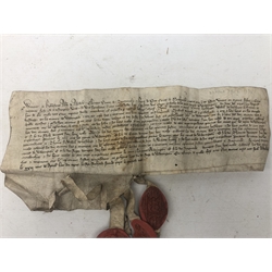  14th century manuscript indenture relating to Widdington, dated in pencil 1380 with three armorial wax seals, L33cm   