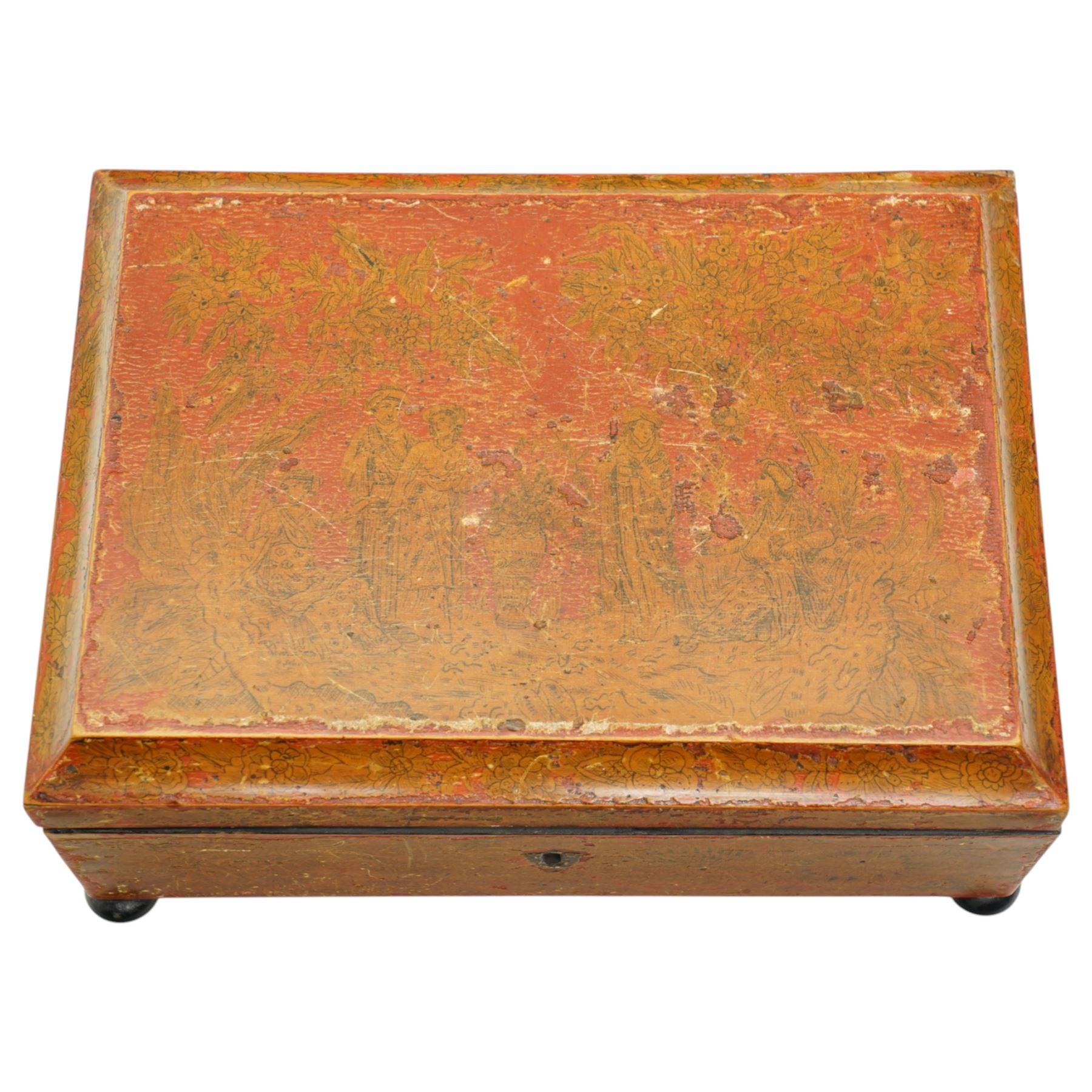 Regency red lacquered penwork box, of rectangular form on bun feet, decorated with classical figures in a landscape among foliate motifs, W28cm 