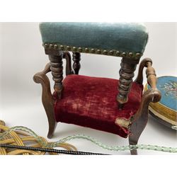 Victorian beadwork footstool with two other wooden upholstered footstools, one with turned bobbin legs, two Victorian glass frigger canes, one of twisted spiral form, and three carpet beaters