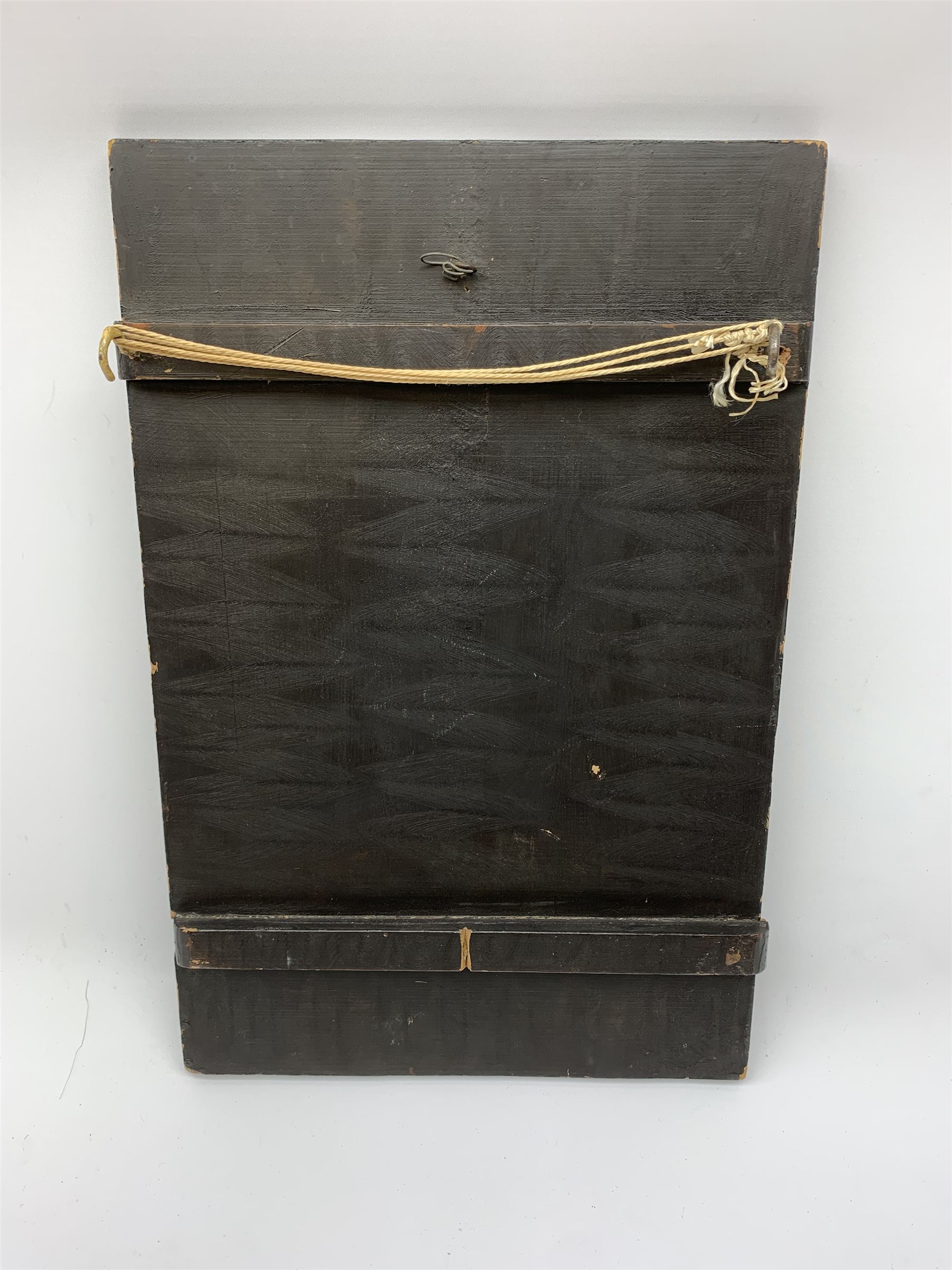 An early 20th century Japanese Shibayama panel, depicting three birds seated upon a blossoming branch in ivory and mother of pearl, with applied ivory character mark panel lower left, H45.5cm L30cm. 