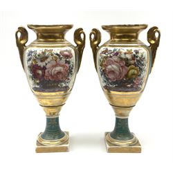 Pair French porcelain urn shaped vases, panels painted with flowers by Bordier, H30cm (2) 