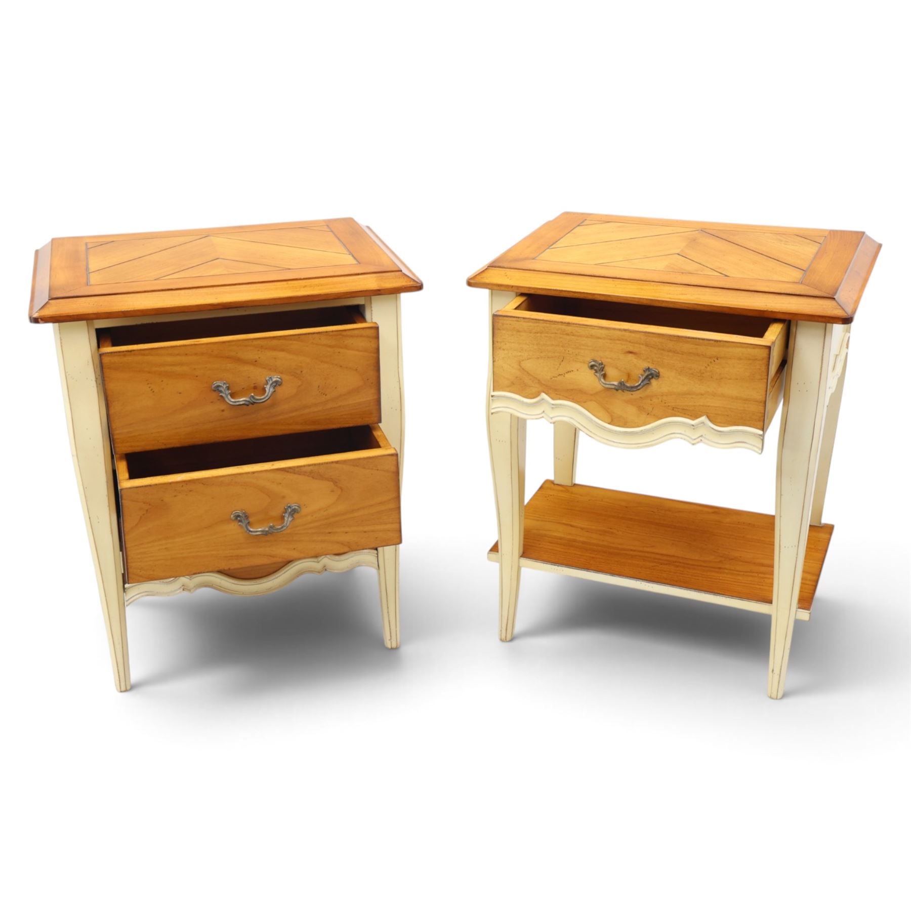 AM Classic - Louis XV design cherrywood bedside chests, one with three drawers and one with one drawer and full length undertier, shaped white supports