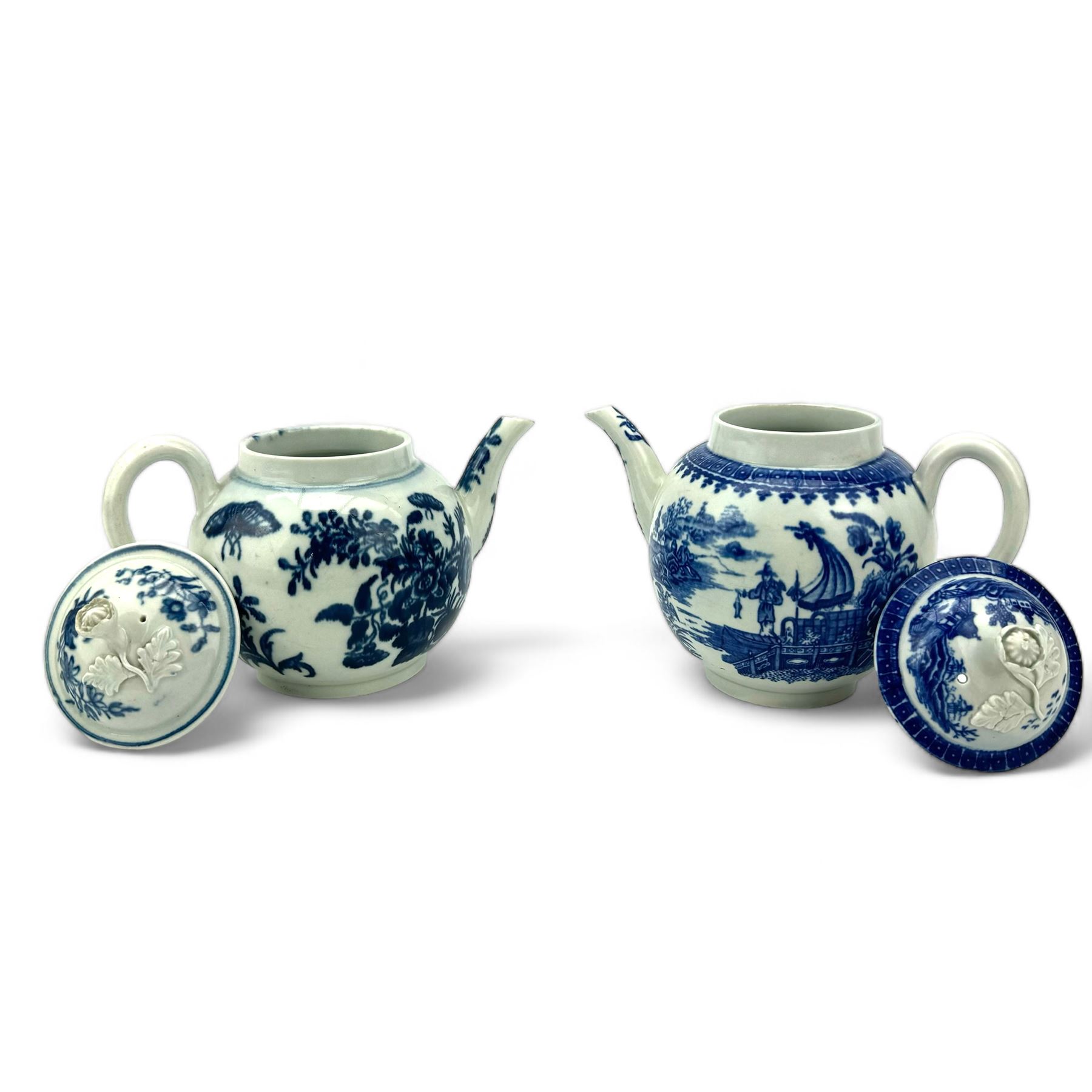 Two First Period Worcester porcelain globular form teapots