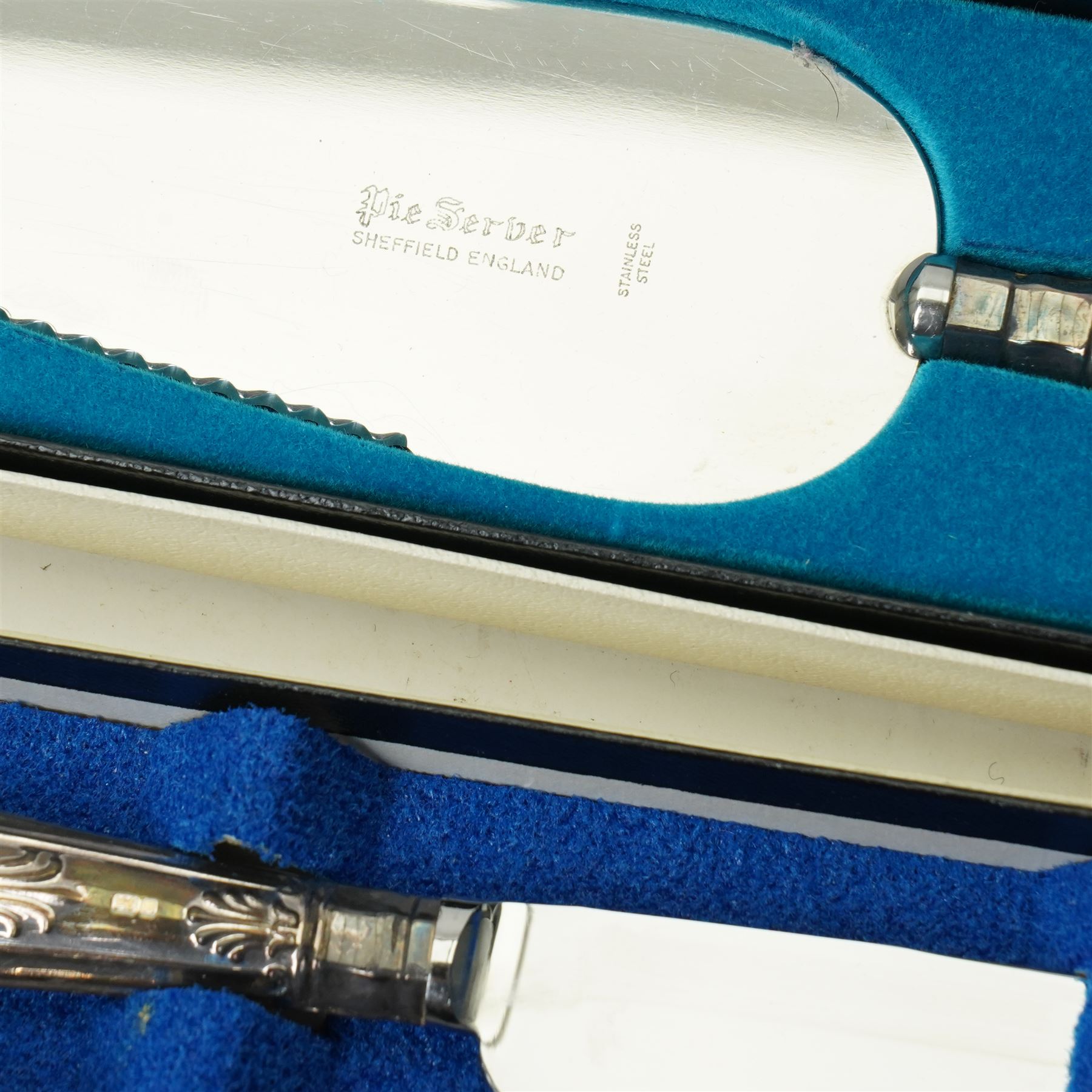 Silver fish knife, Sheffield 1915, two silver decanter labels, Whisky and Sherry, small silver circular box, three silver handled serving implements and glass jar with silver cover 