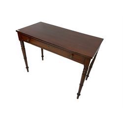 Early 19th century mahogany side table, rectangular top over single drawer, the drawer with two brass lion mask handles, on turned supports