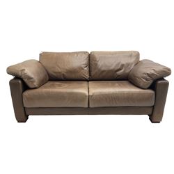 Heals - contemporary two seat 'Palermo' sofa, upholstered in chocolate brown leather, raised on wooden block feet