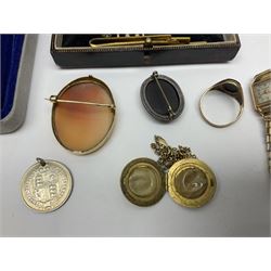 9ct gold black onyx signet ring, gold-pated locket, on 9ct gold chain, 9ct gold Audax ladies wristwatch, on expanding gilt bracelet, 9ct gold cameo brooch, Longines ladies wristwatch, silver pendant necklace and other jewellery