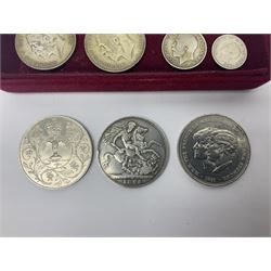 Queen Victoria 1895 silver crown coin, 1887 sixpence, King George V 1920 one shilling, 1921 florin, 1927 and 1931 halfcrowns, various pre 1920 and pre 1947 silver threepence pieces, commemorative crowns etc