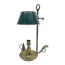 19th century brass Bouillotte candle lamp with adjustable green tole painted shade, with a circular base and snuffer, H36cm