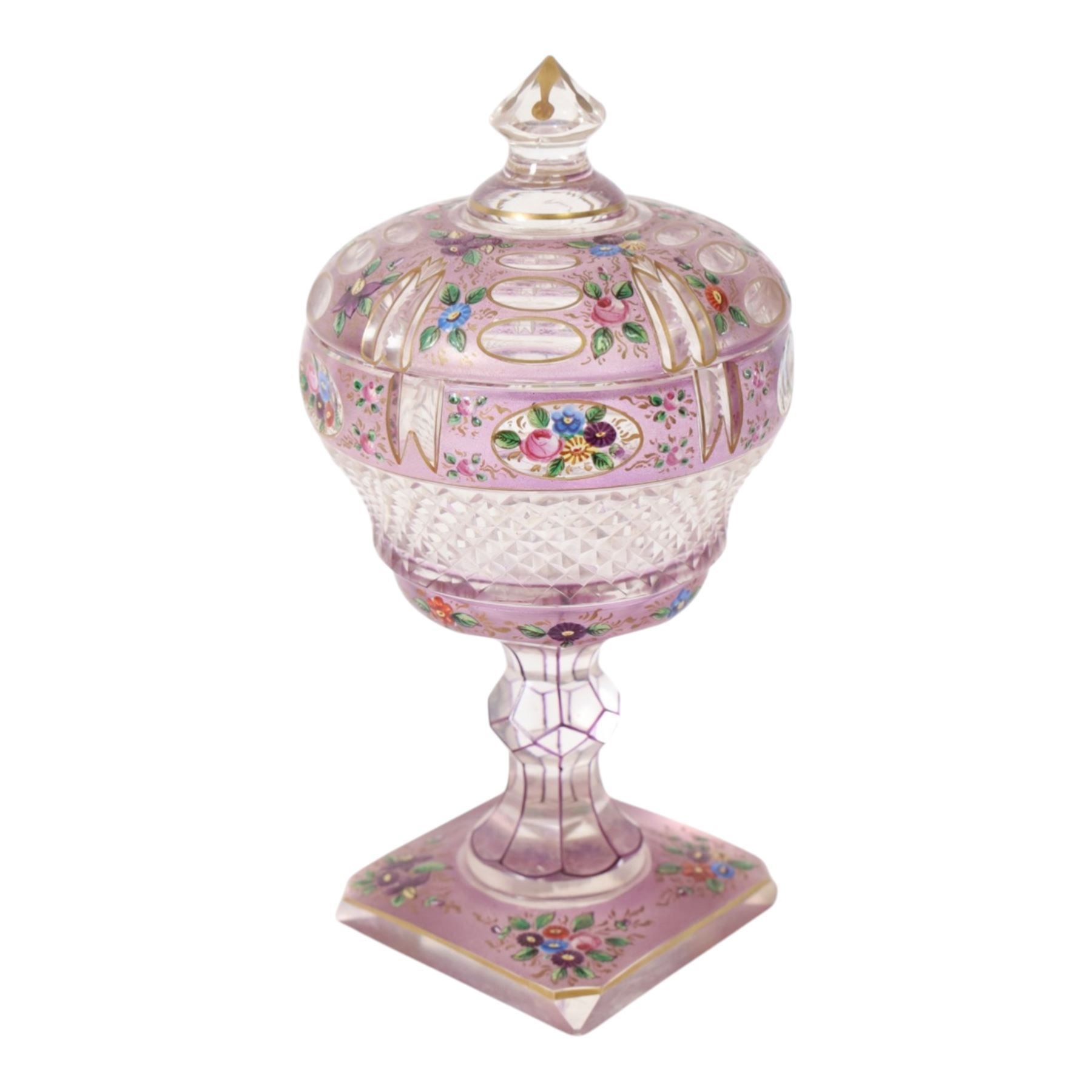 Victorian glass bon bon dish and cover, decorated with hand painted flowers and gilt detail, upon a knopped stem and square base, H22cm