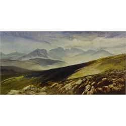  Joan Sutherland (British 20th century): 'The Scafells' Lake District, oil on canvas board unsigned, gallery label verso 13cm x 25cm  