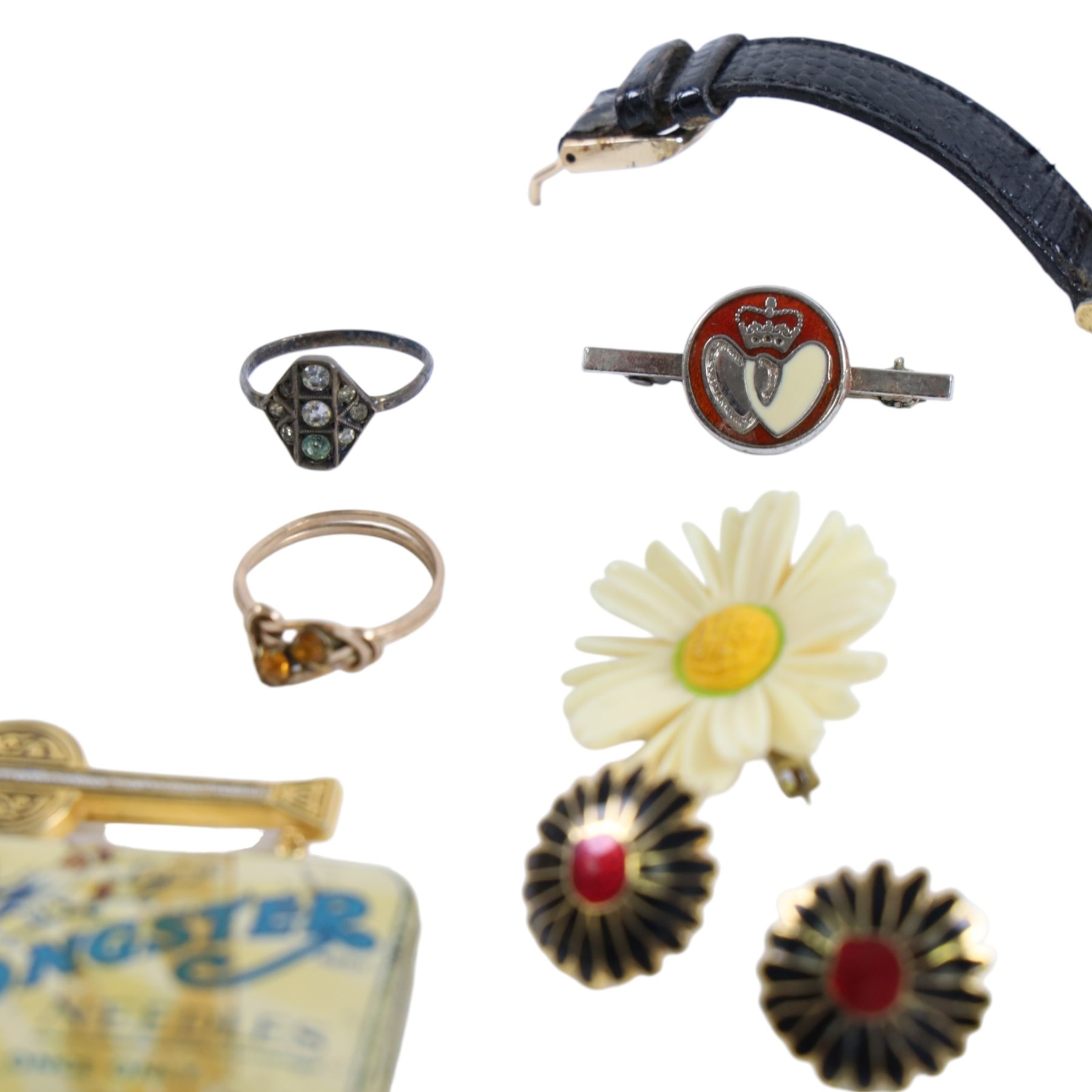 Silver collared glass bottle and a collection of costume jewellery, including beaded necklaces, ring, wristwatch, etc