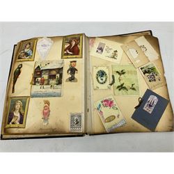 Victorian scrapbook of various fixed decoupage to include, greeting cards, portraiture, flowers, animals etc,