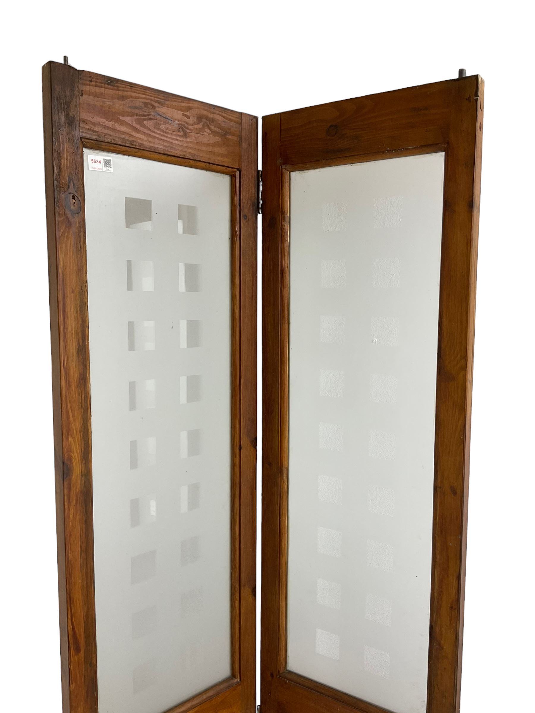 Two double pine room dividers or doors, frosted glass glazed with cube design over panels, in polish finish (74cm x 195cm each double total)