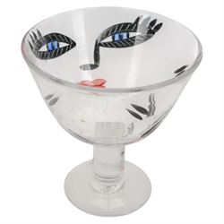 Kosta Boda Open Minds glass footed bowl, the clear glass bowl painted with female facial features, together with a Kosta Boda Caramba vase, of baluster form painted in black with a head in profile and a two headed beast on a white ground, both designed by Ulrica Hydman-Vallien, tallest H19.5cm