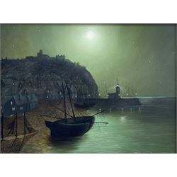 J Foster: Scarborough and Whitby Harbours by Moonlight, pair oils on board one signed and dated '78, 29cm x 39cm (2)